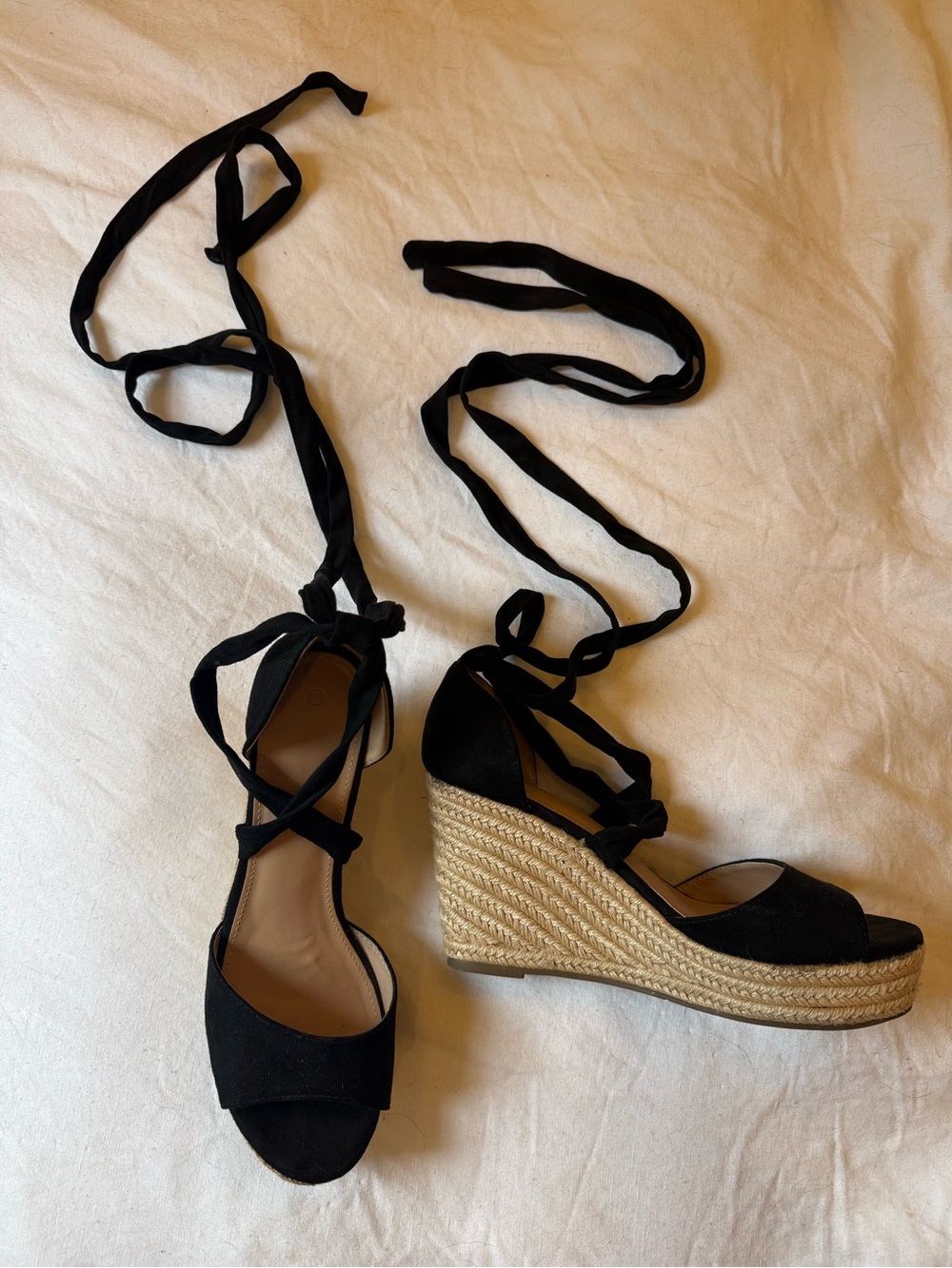 Black Lace-Up Espadrille Wedge Sandals with Platform